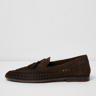 Dark brown woven leather loafers